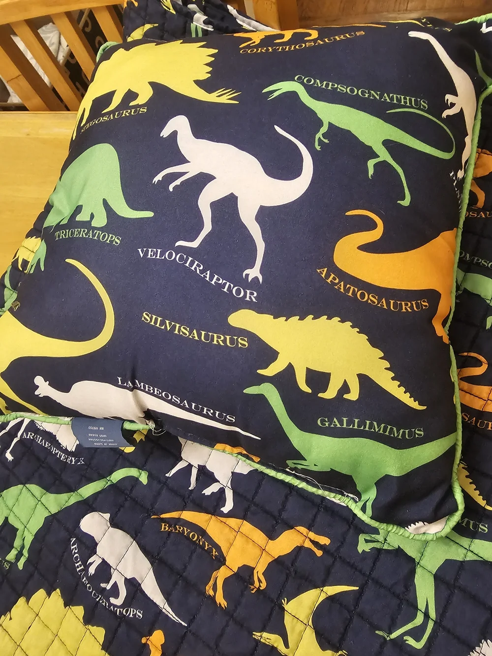 Dinosaur Print Pillow and Quilt Set - Navy with Green, Yellow & Orange